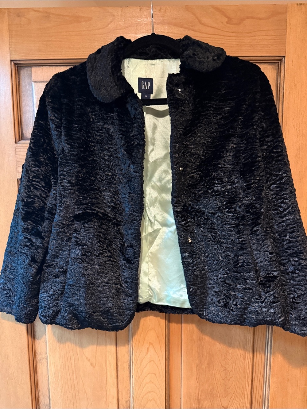 GAP Women's Black Faux Fur Teddy Jacket with Cozy Collar